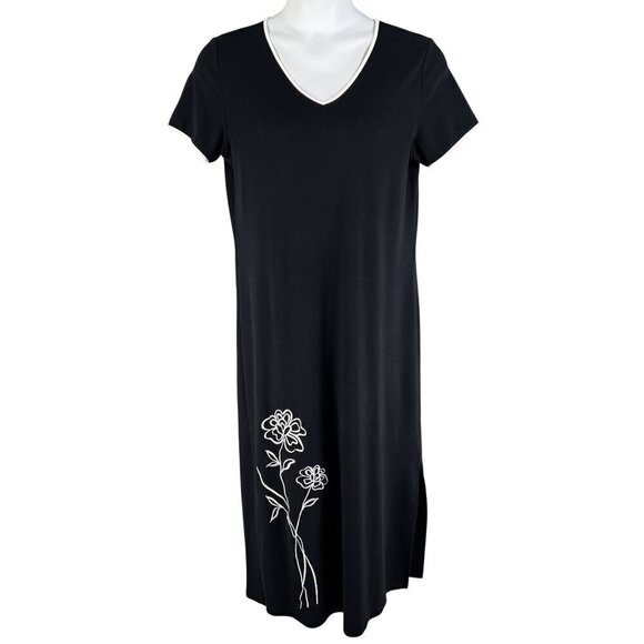 Talbots Dresses & Skirts - Talbots Womens M Black Maxi Dress Floral Embroidery Short Sleeve V-Neck Hippie